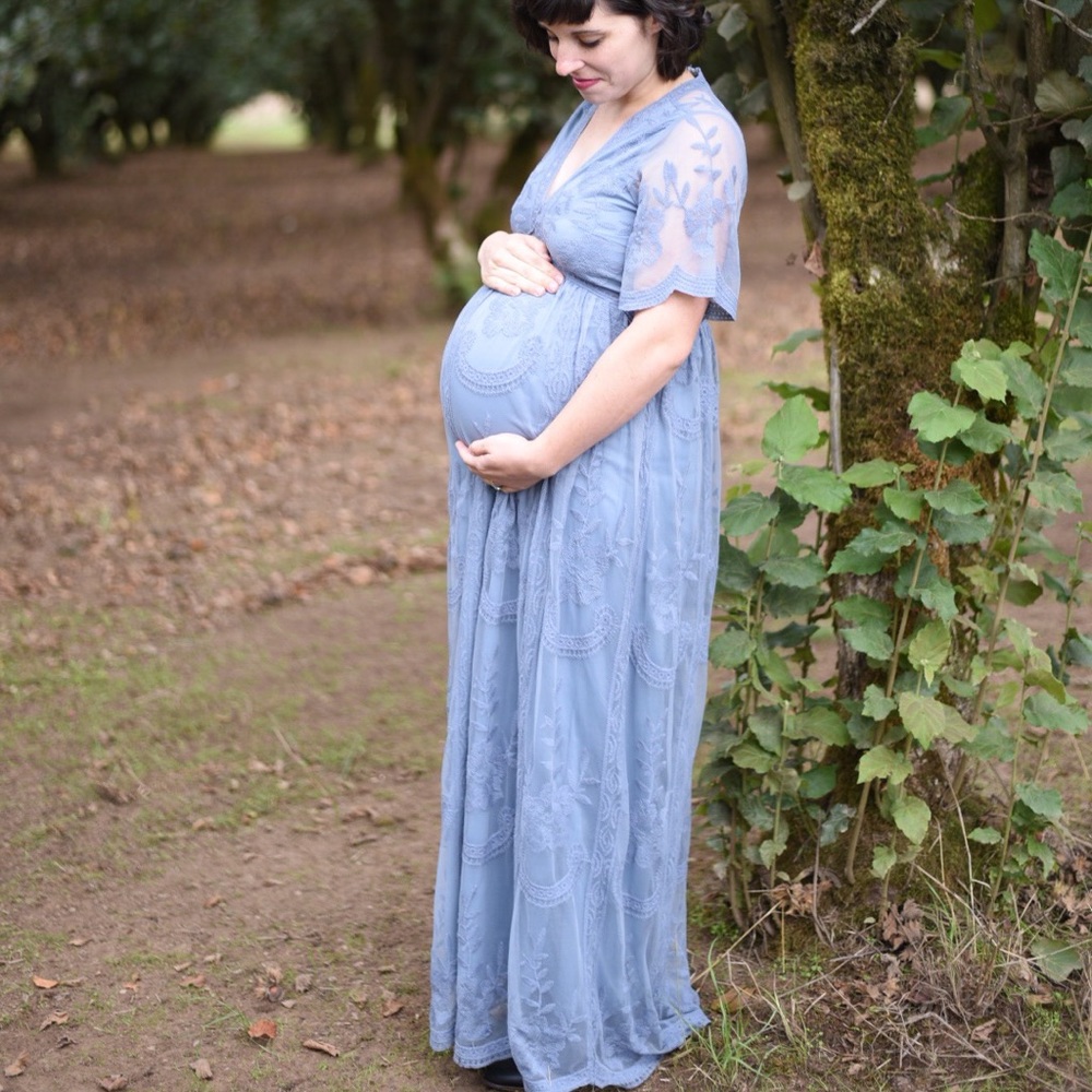 PinkBlush Blue Lace Mesh Overlay Maxi Dress